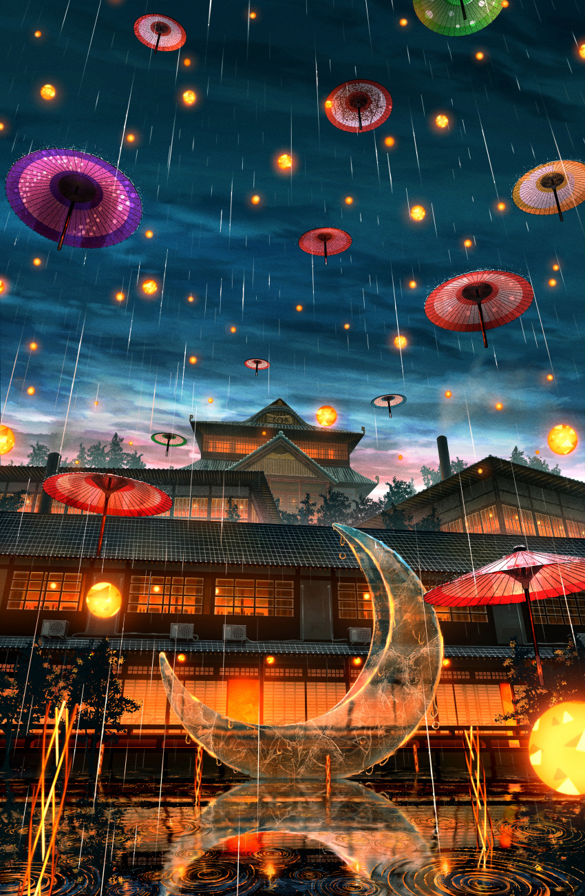 absurdres air_conditioner architecture commentary_request crescent east_asian_architecture floating floating_object highres no_humans oil-paper_umbrella original outdoors rain reflection reflective_water ripples scenery shuu_illust sky translucent umbrella waves