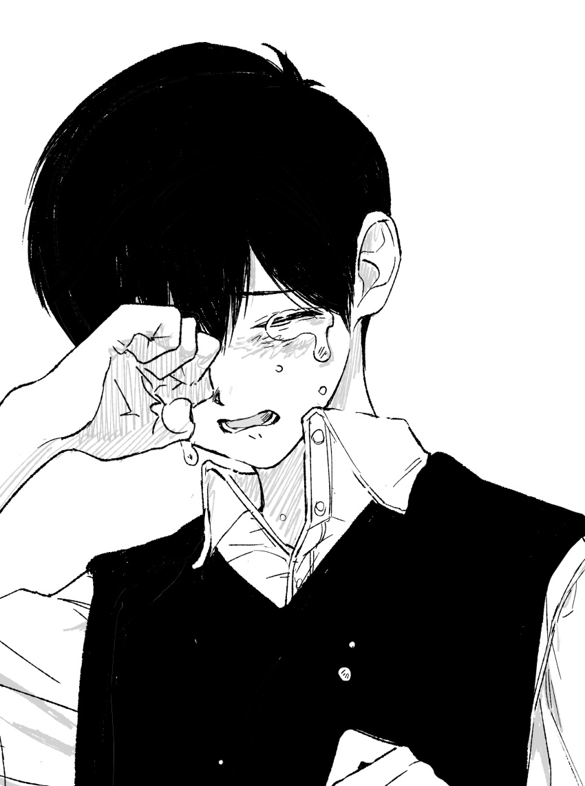 1boy bangs closed_eyes collared_shirt crying dirty dirty_face dress_shirt facing_viewer greyscale hand_up highres monochrome muryo one_eye_covered open_mouth original rubbing_eyes shirt short_hair simple_background solo tears upper_body vest wiping_face wiping_tears