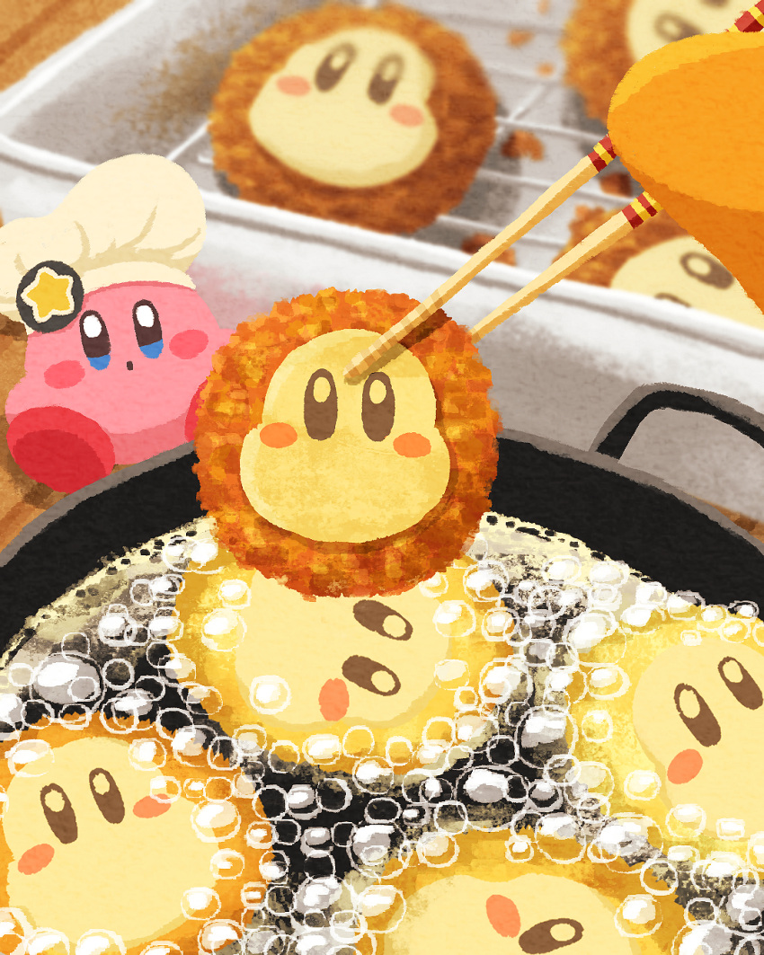 blush bubble chef_hat chef_kawasaki chopsticks cooking food frying_pan hat highres hot kirby kirby_(series) looking_at_another miclot oil open_mouth sitting star_(symbol) waddle_dee wooden_table