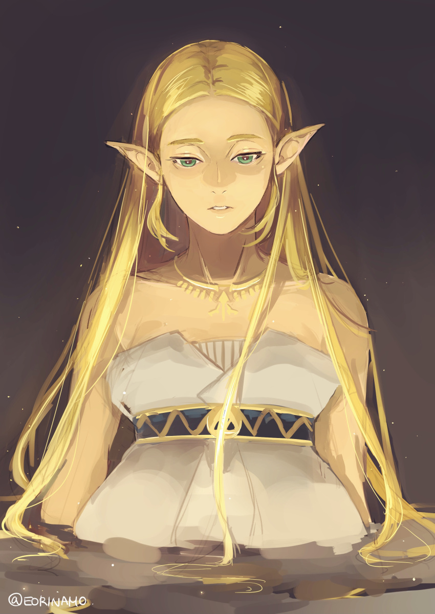 1girl absurdres bare_shoulders blonde_hair commentary_request dress eorinamo forehead green_eyes half-closed_eyes highres jewelry korean_commentary long_hair necklace parted_lips partially_submerged pointy_ears princess_zelda sidelocks sleeveless sleeveless_dress solo strapless strapless_dress the_legend_of_zelda the_legend_of_zelda:_breath_of_the_wild twitter_username very_long_hair white_dress