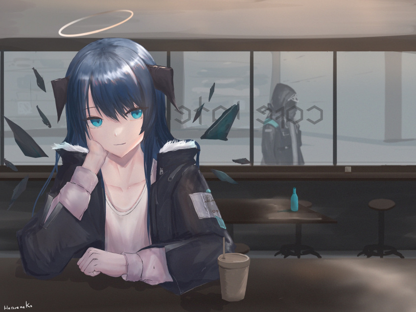 1girl 1other ambiguous_gender arknights artist_name black_wings blue_eyes blue_hair bottle coffee_cup collarbone cup demon_horns detached_wings disposable_cup energy_wings fur-trimmed_hood fur_trim halo head_rest hetare_galm_sue highres hood hood_down hooded_jacket horns indoors jacket long_hair long_sleeves looking_at_viewer mostima_(arknights) open_clothes open_jacket shirt sitting solo_focus stool white_shirt window wings
