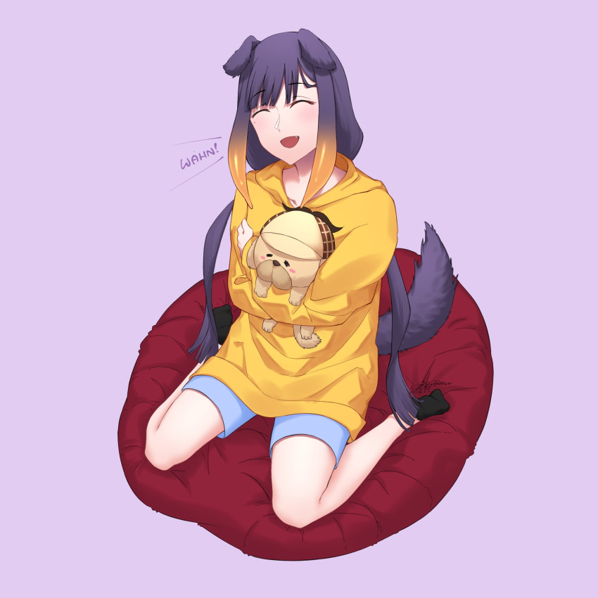 1girl :d animal animal_ears bean_bag_chair black_socks blue_shorts bubba_(watson_amelia) closed_eyes dog dog_ears ginfutsuu highres holding holding_animal holding_dog hololive hololive_english hood hoodie ninomae_ina'nis open_mouth purple_hair shorts sitting smile tail wariza yellow_hoodie