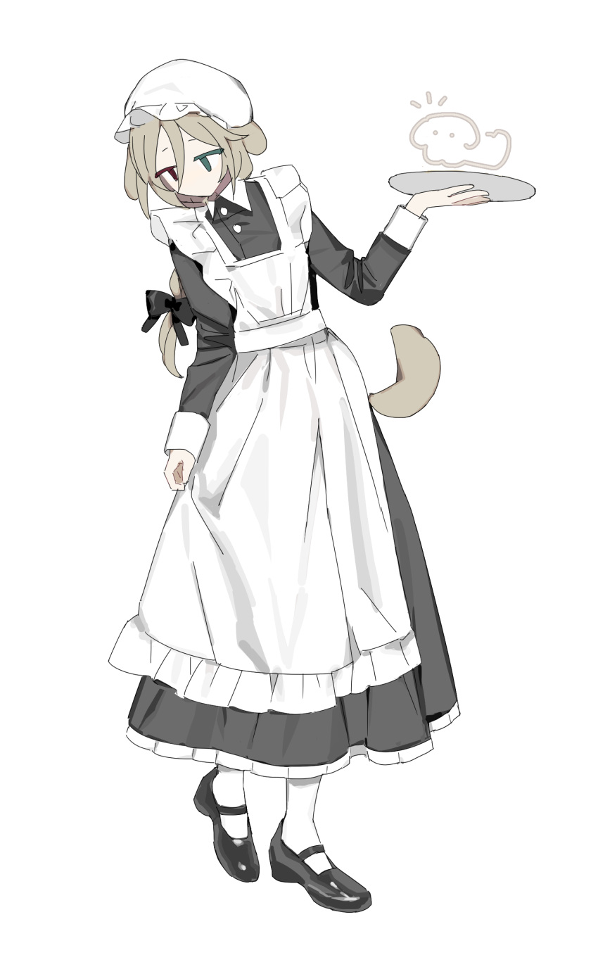 absurdres androgynous animal_ears apron black_dress black_footwear blonde_hair braid chinese_commentary colored_eyelashes commentary_request dog_ears dog_tail dress frilled_dress frilled_hat frills full_body green_eyes hair_ribbon hat heterochromia highres holding holding_plate kunkun_(ikunsleep) long_dress long_sleeves maid maid_apron mary_janes no_mouth no_nose original plate red_eyes ribbon shoes sketch sleeve_cuffs solo tail white_apron white_headwear white_legwear