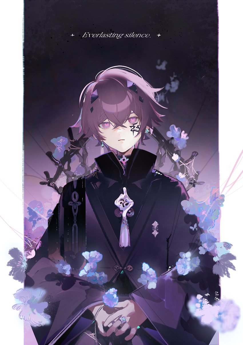 1boy bishounen black_shirt closed_mouth coat collared_coat cowboy_shot earrings english_text highres jewelry male_focus original own_hands_together priest purple_hair satonishi shirt short_hair simple_background solo tattoo violet_eyes