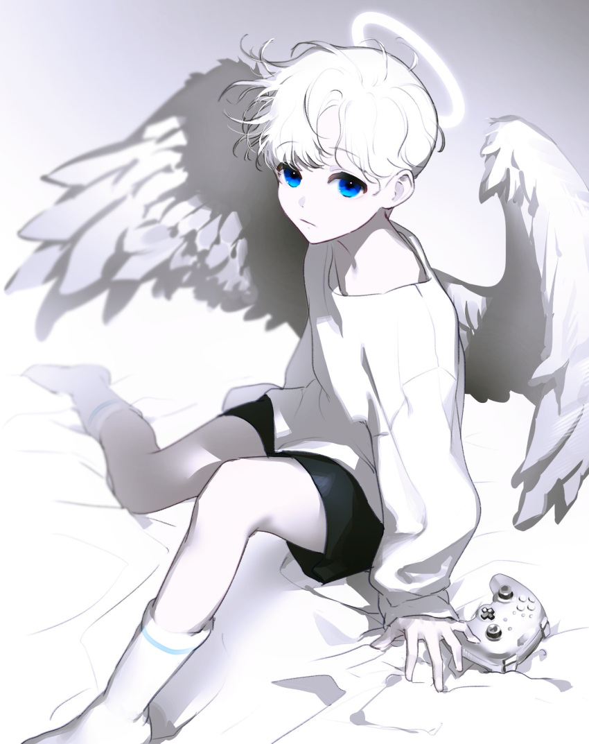 1boy ajrtkf44 angel angel_wings bangs bed_sheet black_shorts blue_eyes controller feathered_wings feet_out_of_frame frown game_controller grey_background halo highres knee_up long_sleeves looking_at_viewer male_focus no_shoes on_bed original pale_skin short_hair shorts sitting sleeves_past_wrists socks solo white_hair white_legwear white_wings wings