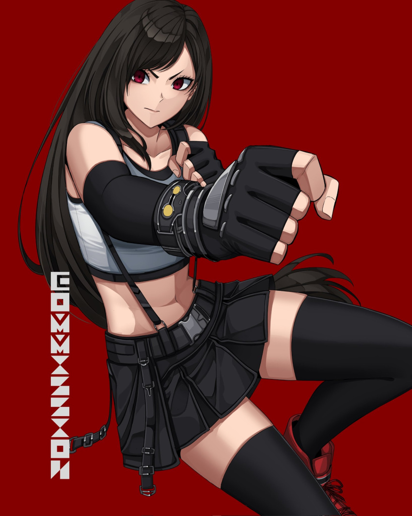 1girl black_gloves black_legwear black_skirt boots clenched_hands closed_mouth collarbone commission crop_top final_fantasy final_fantasy_vii final_fantasy_vii_remake fingerless_gloves fingernails foreshortening gloves highres materia prayudi555 red_background red_eyes red_footwear serious simple_background skirt solo suspender_skirt suspenders tank_top thigh-highs tifa_lockhart white_tank_top zettai_ryouiki