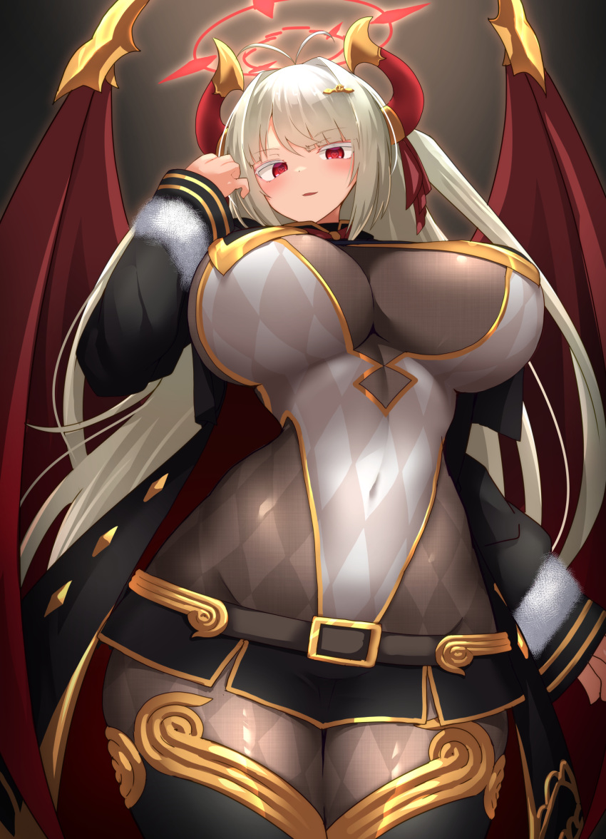 1girl ahoge antenna_hair black_shorts blonde_hair bodysuit breasts covered_navel cowboy_shot curvy demon_girl demon_horns demon_wings halo heart heart-shaped_pupils highleg highleg_leotard highres horns large_breasts leotard looking_at_viewer micro_shorts navel open_mouth original plump red_eyes shorts skin_tight smile solo symbol-shaped_pupils tylwing wings