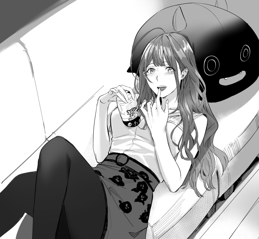 1girl absurdres ahoge artist_request beer_can can commentary_request couch debi_tarou greyscale highres idolmaster idolmaster_shiny_colors kuwayama_chiyuki long_hair looking_at_viewer lying monochrome on_back pantyhose print_skirt shirt skirt sleeveless sleeveless_shirt solo stuffed_toy