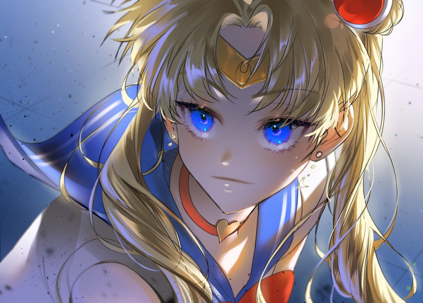 1girl ajrtkf44 bangs bishoujo_senshi_sailor_moon blonde_hair blue_eyes blue_sailor_collar choker circlet closed_mouth crescent crescent_earrings earrings eyelashes from_above from_side hair_bun hair_over_shoulder heart heart_choker jewelry long_hair looking_afar meme portrait red_choker sailor_collar sailor_moon sailor_moon_redraw_challenge_(meme) sailor_senshi_uniform single_side_bun solo tile_floor tiles tsukino_usagi twintails