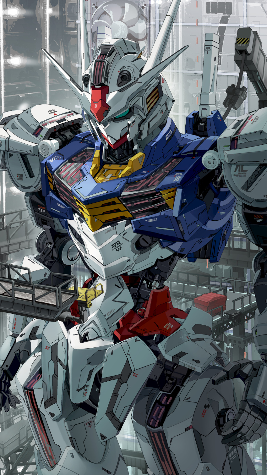 absurdres blue_eyes commentary_request gundam gundam_aerial gundam_suisei_no_majo hangar highres mecha mobile_suit no_humans robot science_fiction solo upper_body v-fin veerinly