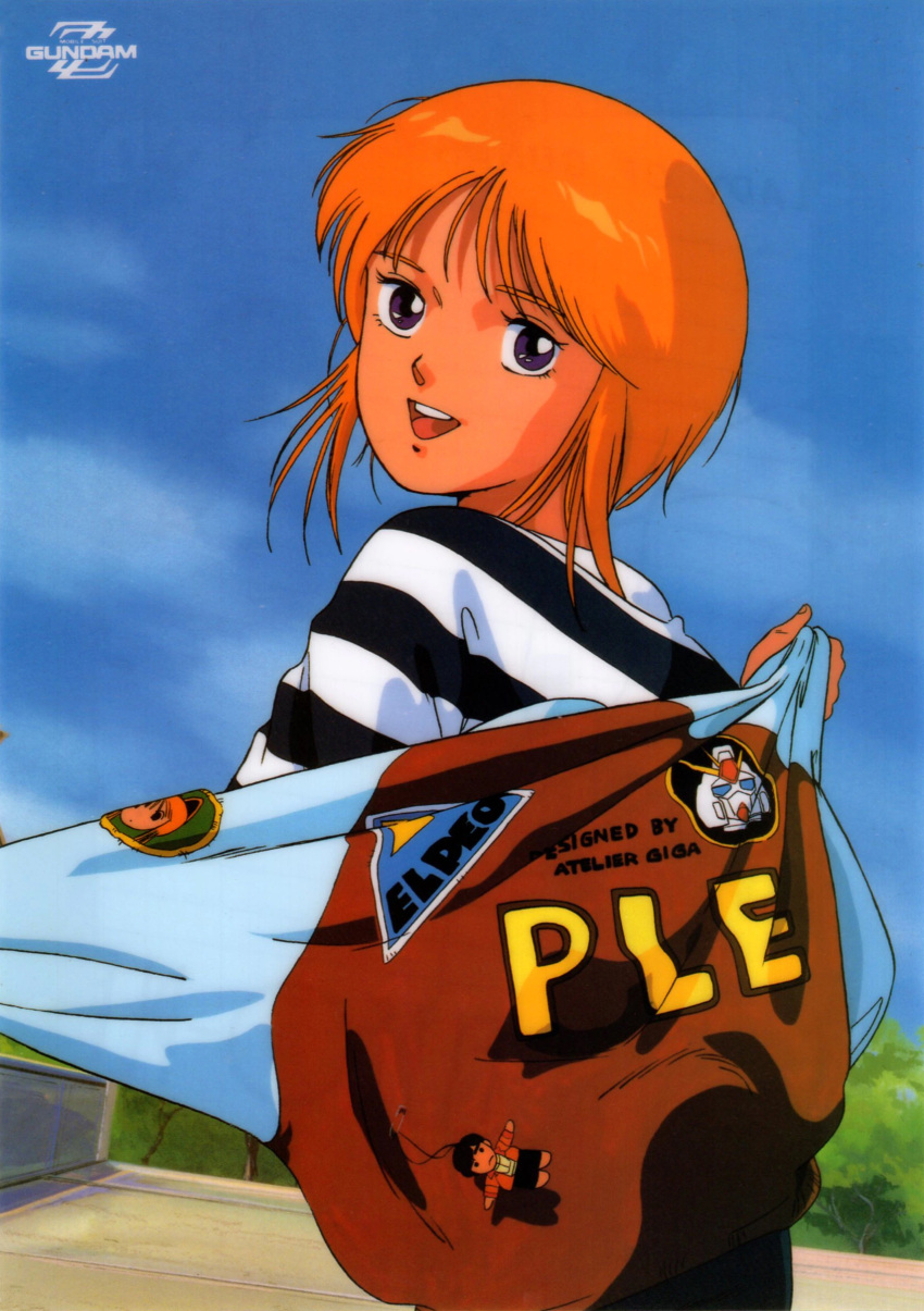 1990s_(style) 1girl absurdres blue_eyes character_name clothes_writing day elpeo_puru gundam gundam_zz highres logo looking_back non-web_source official_art open_mouth orange_hair outdoors removing_jacket retro_artstyle shirt short_hair solo striped striped_shirt