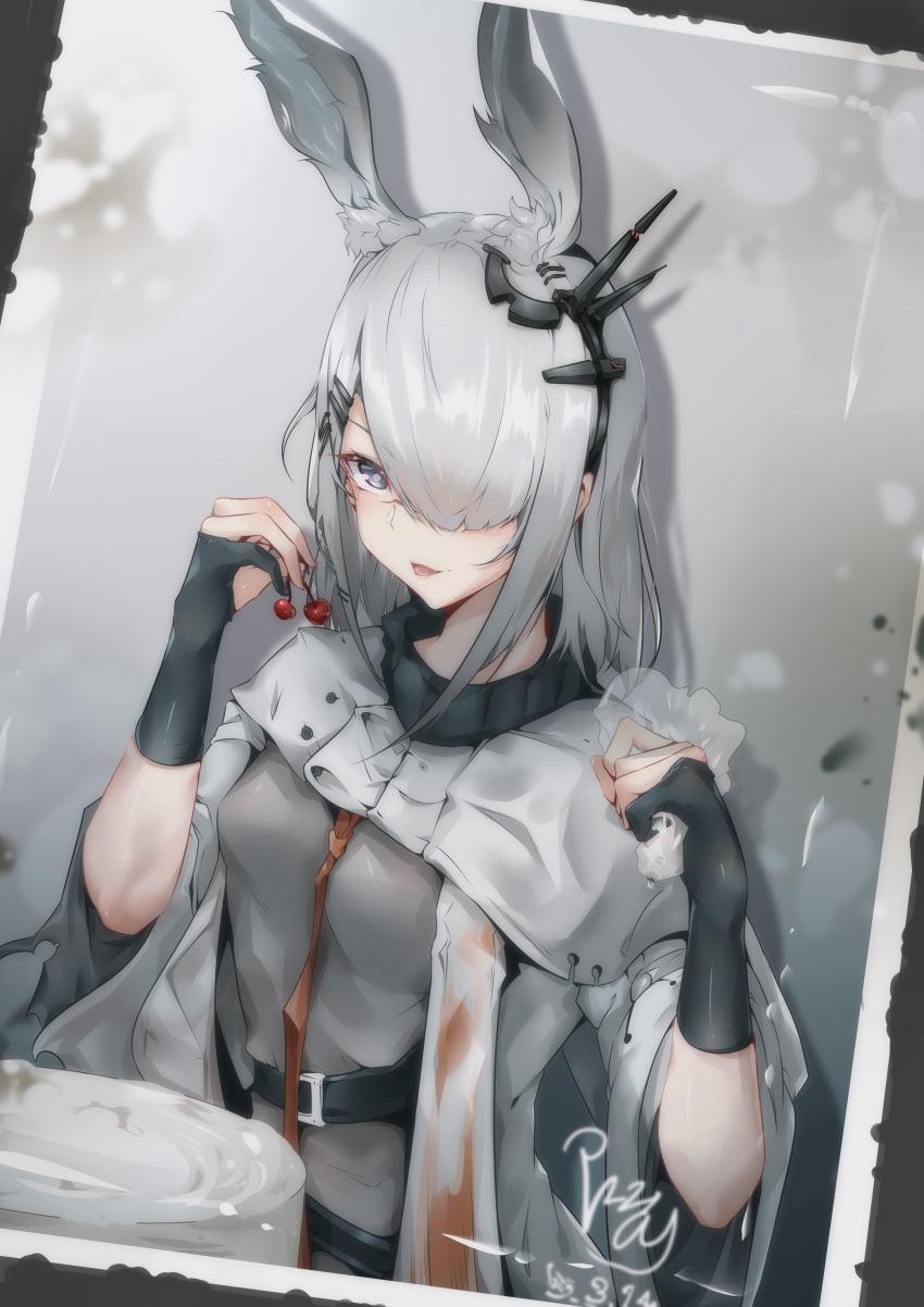 1girl absurdres animal_ears arknights bangs black_gloves breasts cake cape dutch_angle ear_ornament extra_ears food frostnova_(arknights) gloves grey_background grey_eyes grey_hair grey_shirt hair_ornament hair_over_one_eye hairclip highres long_bangs long_hair looking_at_viewer open_mouth partially_fingerless_gloves pastry_bag photo_(object) rabbit_ears rabbit_girl scar scar_across_eye shirt simple_background small_breasts solo upper_body white_cape zhuang_yu_pizza