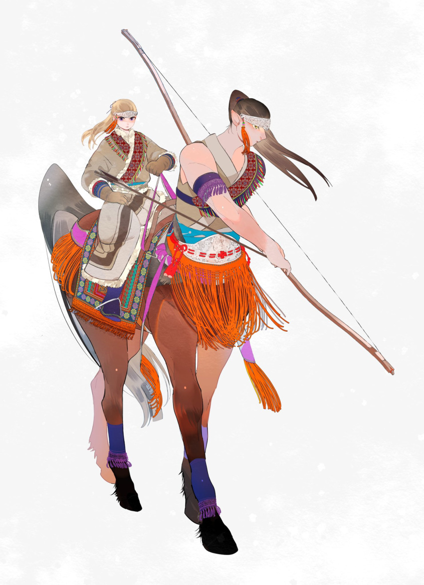 2boys androgynous armband arrow_(projectile) blonde_hair blue_footwear boots bow_(weapon) brown_coat brown_gloves brown_hair centaur closed_mouth coat full_body fur-trimmed_coat fur-trimmed_gloves fur_trim gloves hair_ornament highres holding holding_arrow holding_bow_(weapon) holding_weapon long_hair looking_at_viewer looking_to_the_side male_focus monster_boy multiple_boys nkvoop original pointy_ears ponytail sleeveless standing tassel tassel_hair_ornament taur traditional_clothes violet_eyes walking weapon white_background yellow_eyes