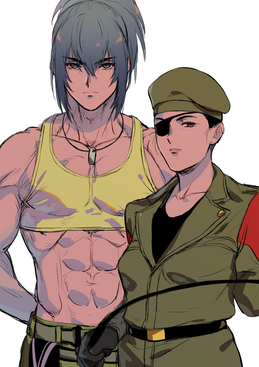 1boy 1girl abs absurdres belt beniazumaru beret black_gloves blue_eyes blue_hair dog_tags eyepatch genderswap genderswap_(ftm) genderswap_(mtf) gloves hat heidern highres leona_heidern military military_uniform mother_and_son muscular muscular_male pectoral_cleavage pectorals pocket ponytail riding_crop the_king_of_fighters uniform