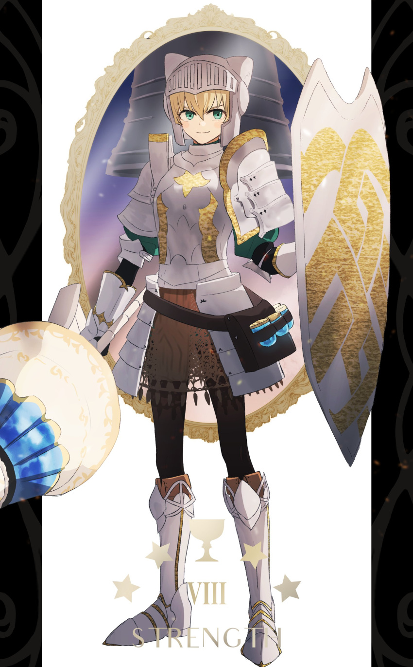 1girl absurdres arm_armor armor background_text bangs bell black_background blonde_hair blush blush_stickers closed_mouth commentary_request fate/grand_order fate_(series) full_body gareth_(fate) gloves green_eyes hair_between_eyes highres holding holding_polearm holding_shield holding_weapon knight knights_of_the_round_table_(fate) long_sleeves looking_at_viewer multicolored_background ne_f_g_o polearm shield short_hair smile solo star_(symbol) strength_(tarot) tarot weapon white_background