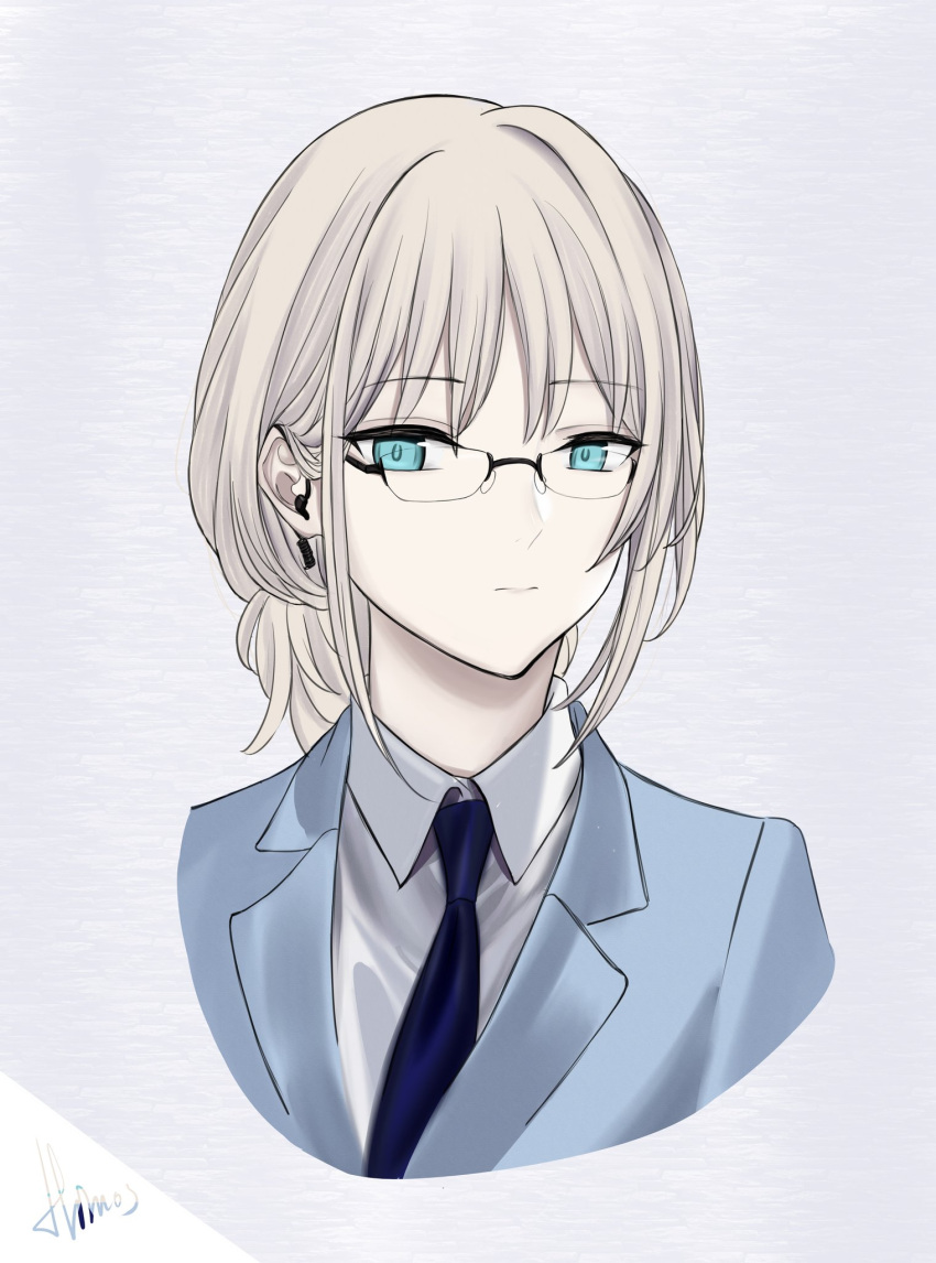 1girl an-94_(girls'_frontline) aqua_eyes aqua_jacket artist_name bangs blonde_hair blue_necktie chinese_commentary closed_mouth dated_commentary eyepiece formal girls_frontline glasses highres himos jacket lips long_hair looking_at_viewer necktie office_lady official_alternate_costume shirt solo suit upper_body white_background white_shirt