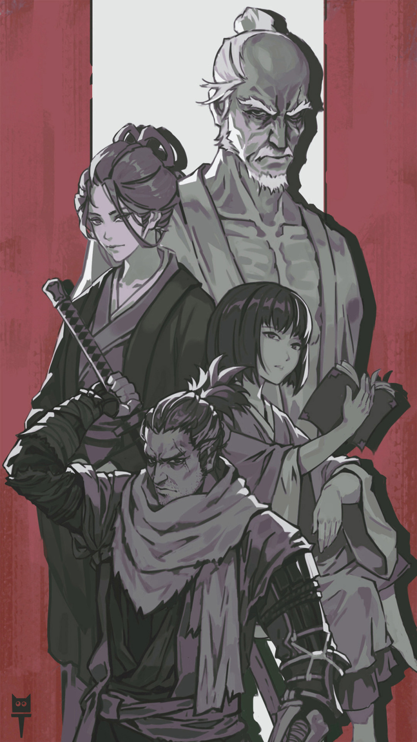 2boys 2girls arm_up bald beard book character_request closed_mouth collarbone commentary english_commentary facial_hair forehead hair_bun highres holding holding_book holding_sword holding_weapon japanese_clothes katana kimono long_sleeves looking_at_viewer monochrome multiple_boys multiple_girls mustache open_book scarf sekiro:_shadows_die_twice sword sword_behind_back torn_scarf weapon weapon_on_back wide_sleeves zhanghan
