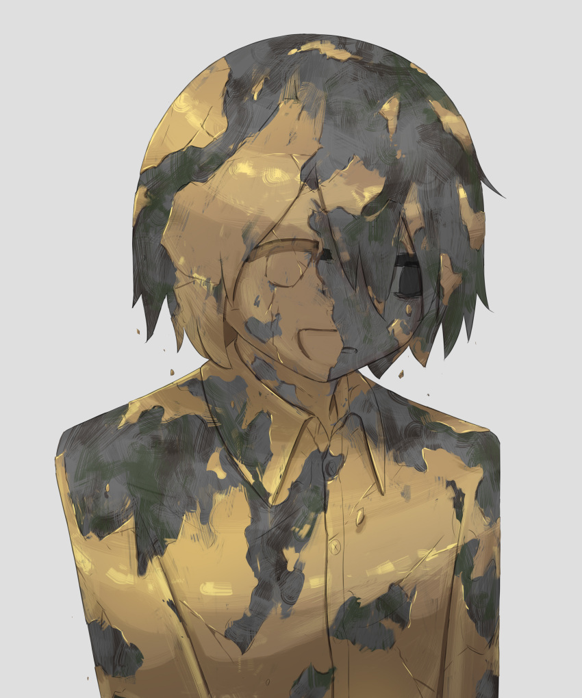 1boy :d absurdres avogado6 bangs collared_shirt commentary_request cracked_skin gold gold_trim grey_background highres looking_away looking_down open_mouth original revealing_layer rust sad shirt short_hair simple_background smile solo symbolism tearing_up upper_body
