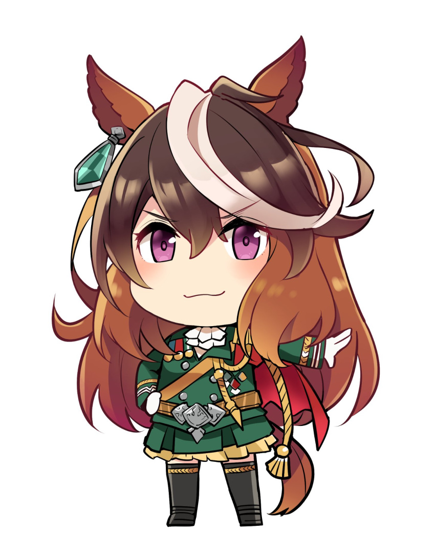 1girl aiguillette animal_ears ascot black_legwear brown_hair cape chibi epaulettes gold_trim green_jacket green_skirt highres horse_ears horse_girl horse_tail ido_(teketeke) jacket long_hair long_sleeves looking_at_viewer multicolored_hair pleated_skirt red_cape simple_background single_epaulette skirt smile solo standing symboli_rudolf_(umamusume) tail thigh-highs umamusume violet_eyes white_background white_hair