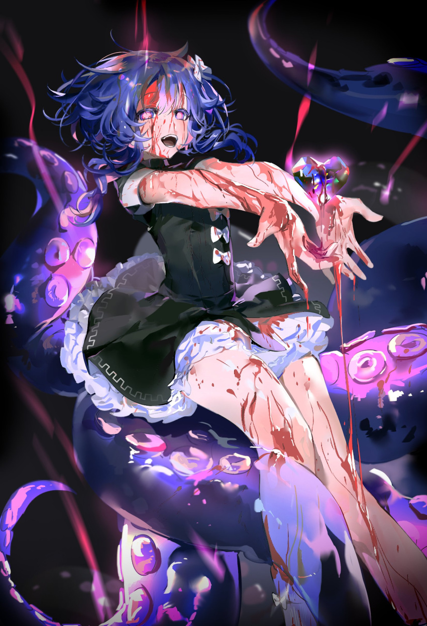 1girl absurdres aura black_dress blood blood_in_hair blood_on_arm blood_on_clothes blood_on_face blood_on_hands blood_on_leg blue_eyes blue_hair bow cropped crystal dress dripping floating floating_object frilled_dress frills grey_bow hair_between_eyes hair_bow heart highres long_hair looking_at_viewer medium_hair multicolored_eyes multicolored_hair nykim0915 open_mouth original pink_eyes pink_hair purple_hair sitting sleeves_rolled_up solo suction_cups teeth tentacles transparent violet_eyes white_bow