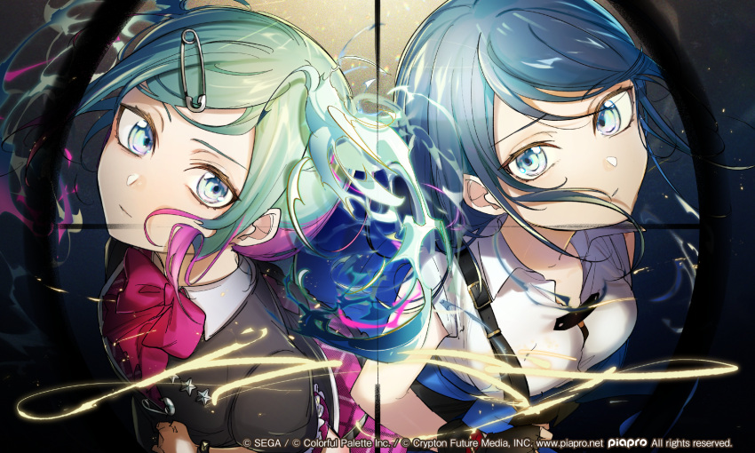 2girls blazer blue_eyes blue_hair bow bowtie closed_mouth collared_shirt copyright_name expressionless floating_hair green_hair hassan_(sink916) hatsune_miku hibana_(vocaloid) highres hoshino_ichika_(project_sekai) jacket leo/need_(project_sekai) long_hair looking_at_viewer multicolored_hair multiple_girls official_art pink_bow pink_bowtie pink_hair plaid plaid_skirt project_sekai reticule safety_pin shirt sidelocks skirt target two-tone_hair vocaloid