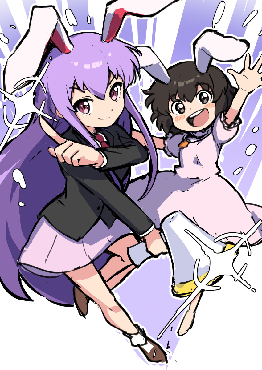 2girls absurdres animal_ears black_eyes black_hair black_jacket blazer brown_footwear carrot_necklace closed_mouth highres holding holding_weapon inaba_tewi index_finger_raised jacket long_hair lunatic_gun miz_(mizillustration) multiple_girls open_mouth purple_hair purple_skirt rabbit_ears rabbit_girl red_eyes reisen_udongein_inaba short_hair skirt smile teeth touhou upper_teeth weapon white_legwear