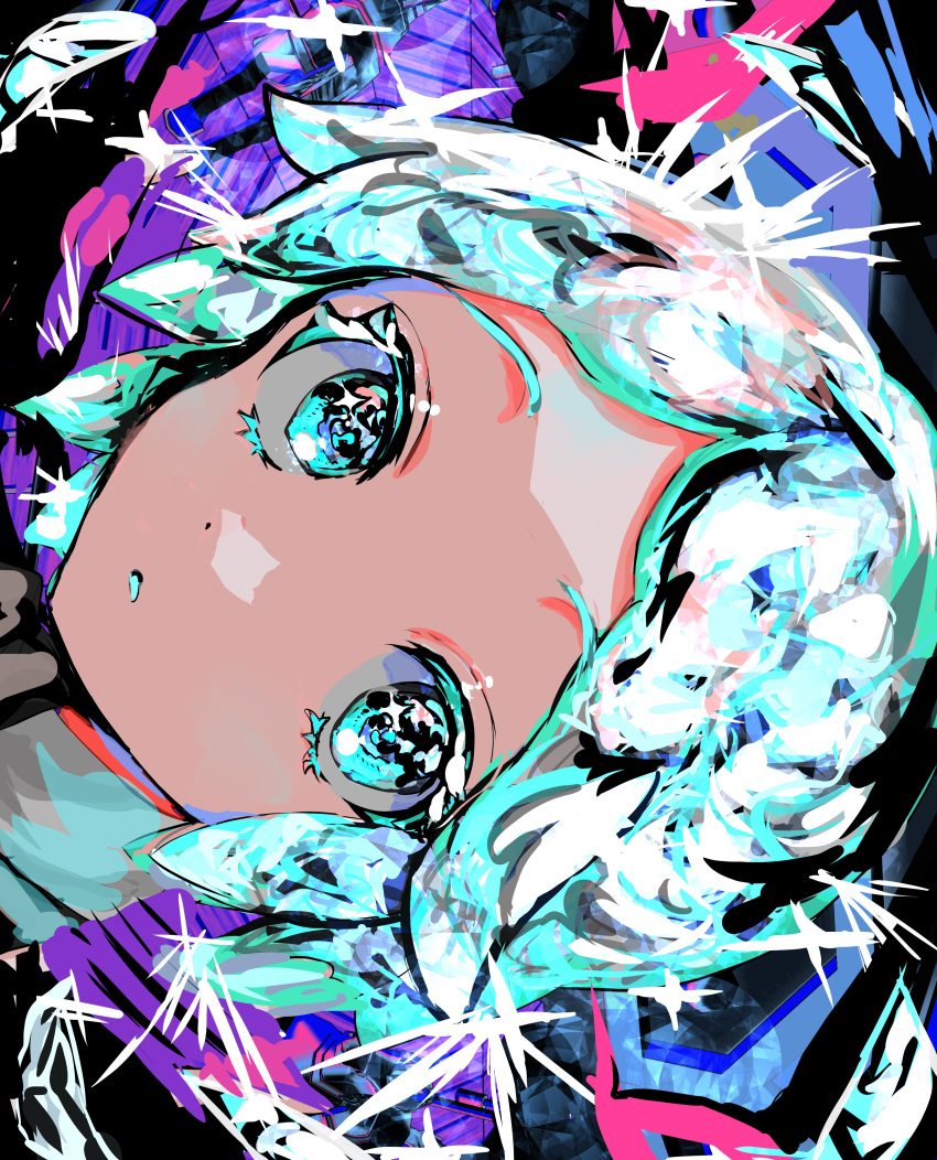 1other abstract abstract_background absurdres bangs black_eyes blue_eyes close-up crystal_hair face highres houseki_no_kuni looking_at_viewer momae_makku parted_bangs parted_lips phosphophyllite portrait short_hair sidelocks sideways solo sparkling_eyes teeth white_hair