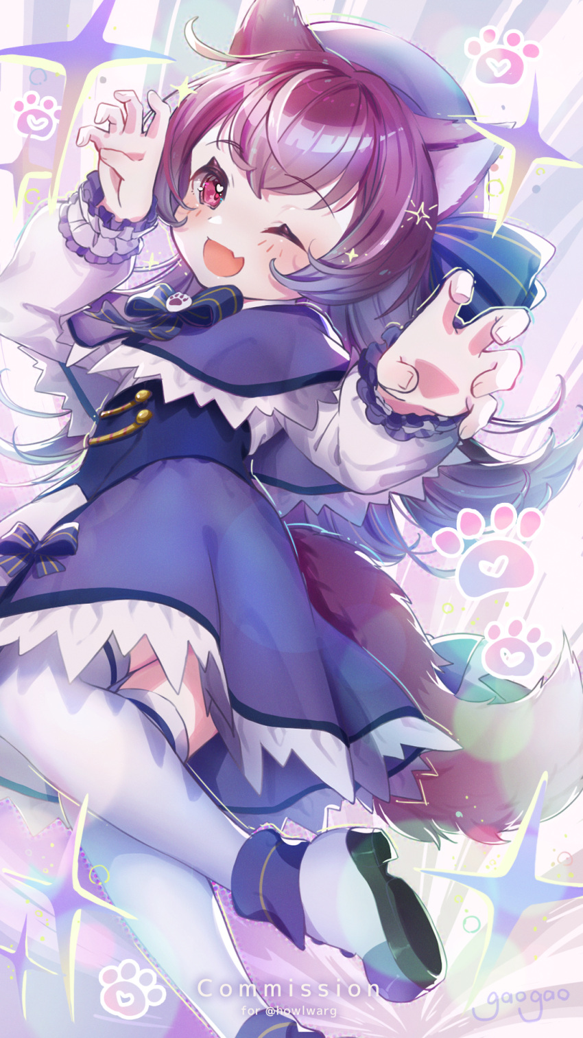1girl animal_ear_fluff animal_ears black_footwear blue_cape blue_dress blue_ribbon buttons cape commission dress fang frilled_dress frills gaogao_(gaogaomegu) hand_up hat highres hoenaki_warg indie_virtual_youtuber looking_at_viewer multicolored_clothes multicolored_dress multicolored_hair one_eye_closed paw_pose paw_print purple_hair ribbon shoes signature skeb_commission solo tail thighs two-tone_hair violet_eyes virtual_youtuber white_background white_dress white_hair white_legwear wolf_ears wolf_girl wolf_paws wolf_tail wrist_cuffs