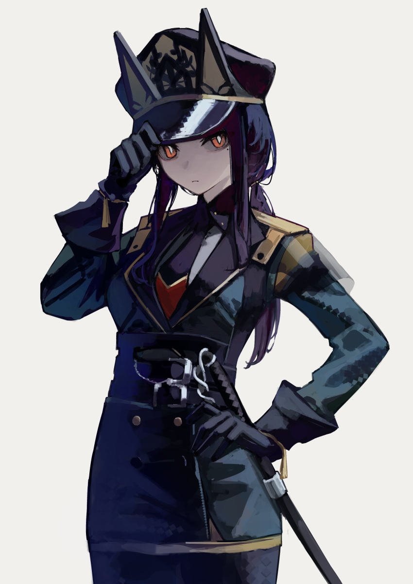 1girl absurdres adjusting_clothes adjusting_headwear arknights arm_up baton_(weapon) black_gloves black_hair black_headwear black_pantyhose blue_jacket bright_pupils closed_mouth collared_jacket commentary cowboy_shot dobermann_(arknights) dobermann_(lieutenant)_(arknights) gloves grey_background hand_on_hip hat highres jacket long_hair long_sleeves looking_at_viewer low_ponytail military military_hat military_uniform official_alternate_costume pantyhose red_eyes serious sidelocks simple_background solo uniform weapon white_pupils yoon_cook