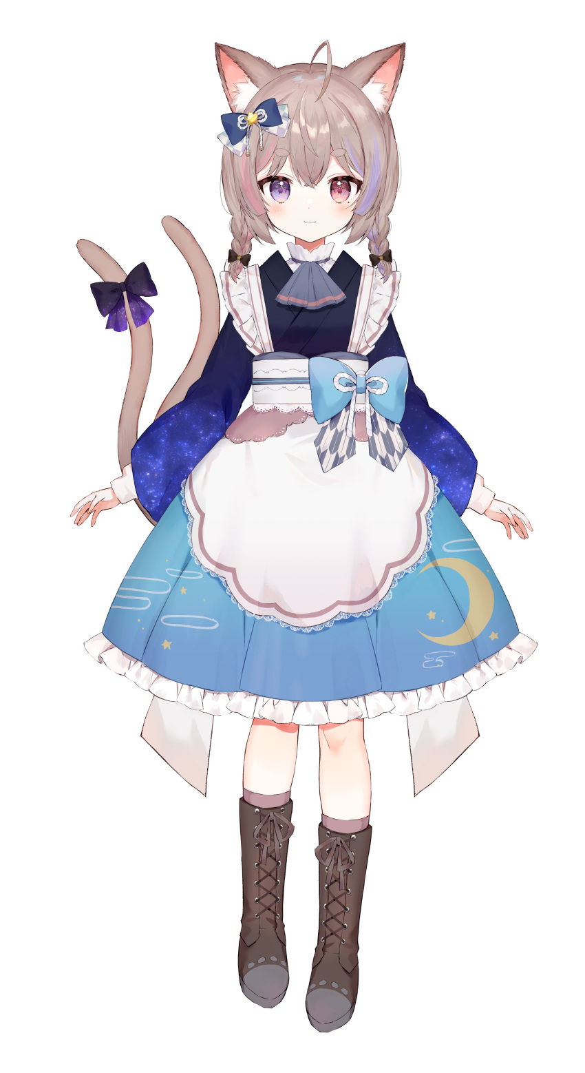 1girl absurdres ahoge animal_ears arms_at_sides boots braid brown_footwear brown_hair cat_ears cat_girl cat_tail closed_mouth cross-laced_footwear dress full_body heterochromia highres hikimayu indie_virtual_youtuber knee_boots lace-up_boots long_sleeves looking_at_viewer low_twintails multicolored_hair multiple_tails nekomiya_ayume pink_hair purple_hair purple_socks red_eyes second-party_source simple_background solo streaked_hair tail thick_eyebrows toufu_mentaru_zabuton twintails violet_eyes virtual_youtuber white_background