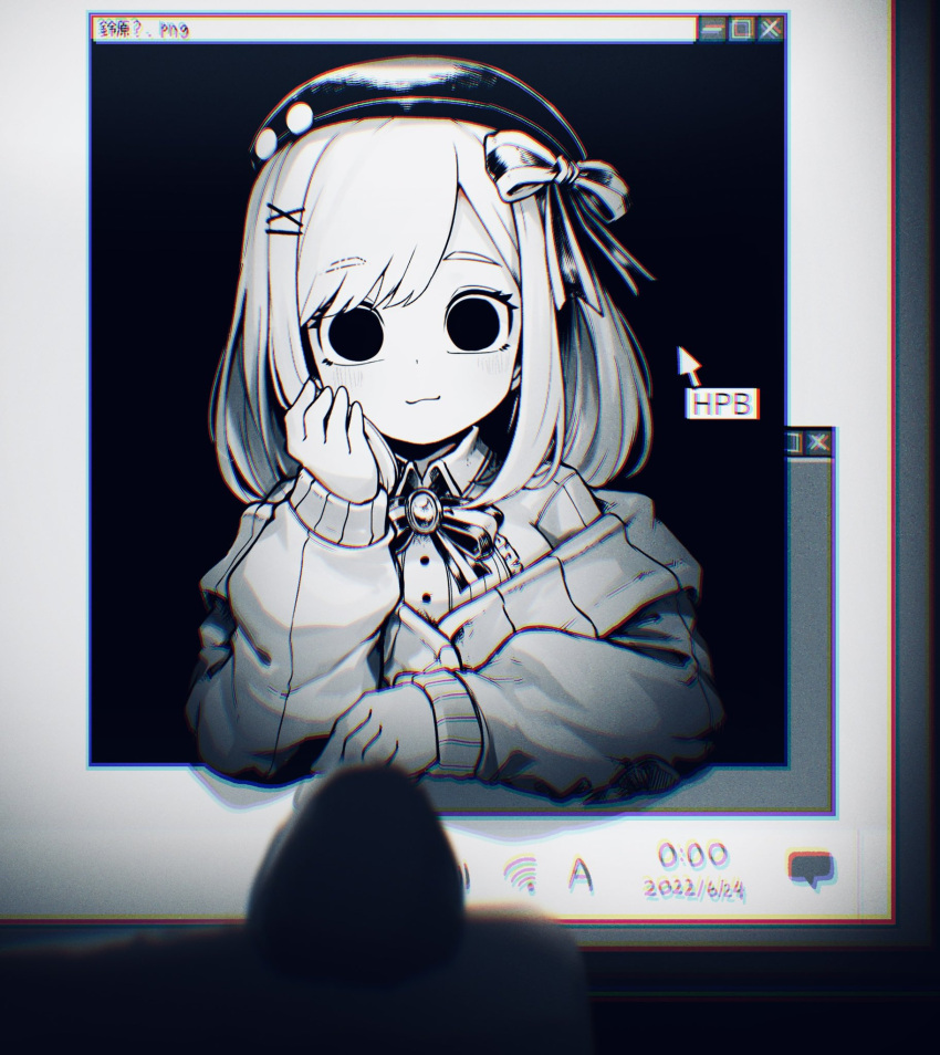 1girl beret bow brooch chromatic_aberration commentary_request cursor empty_eyes greyscale hair_ornament hand_on_own_cheek hand_on_own_face hat hatyuuruinohito highres jacket jewelry long_sleeves looking_at_viewer medium_hair monochrome nijisanji smile solid_circle_pupils solo suzuhara_lulu user_interface virtual_youtuber x_hair_ornament