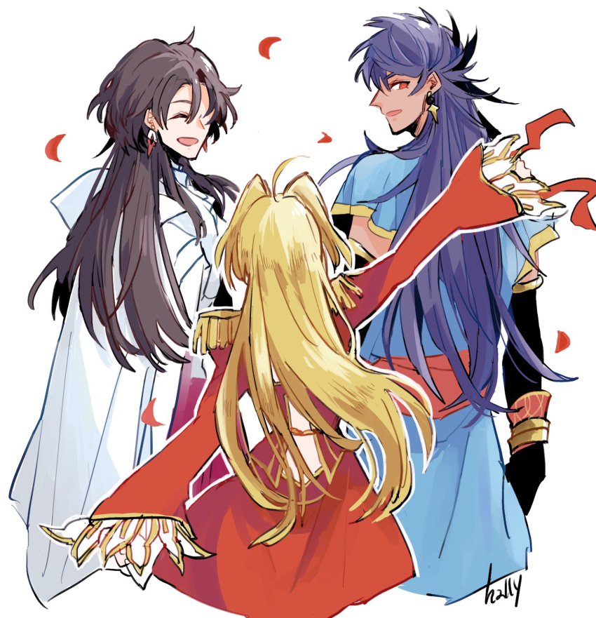1girl 2boys :d ^_^ ahoge arm_up artist_name black_gloves black_hair blonde_hair blue_hair blue_robe bracelet cloak closed_eyes constantine_xi_(fate) cropped_legs dark-skinned_male dark_skin dress earrings elbow_gloves epaulettes facing_another facing_away fate/grand_order fate_(series) from_behind gloves hair_between_eyes hair_down hair_intakes hally highres holding holding_ribbon jewelry long_hair long_sleeves looking_at_another looking_back multiple_boys nero_claudius_(fate) outline outstretched_arm petals red_dress red_eyes red_ribbon red_sash ribbon robe romulus_quirinus_(fate) sash short_sleeves simple_background smile white_background white_cloak white_outline