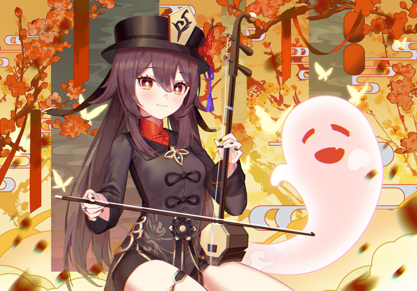 1girl black_nails black_shorts blush brown_hair bug butterfly cavcaz chinese_clothes coat flower flower-shaped_pupils genshin_impact ghost hair_between_eyes hat hat_ornament highres hu_tao_(genshin_impact) instrument jewelry long_sleeves looking_at_viewer music playing_instrument plum_blossoms porkpie_hat red_eyes red_shirt ring shirt shorts symbol-shaped_pupils twintails