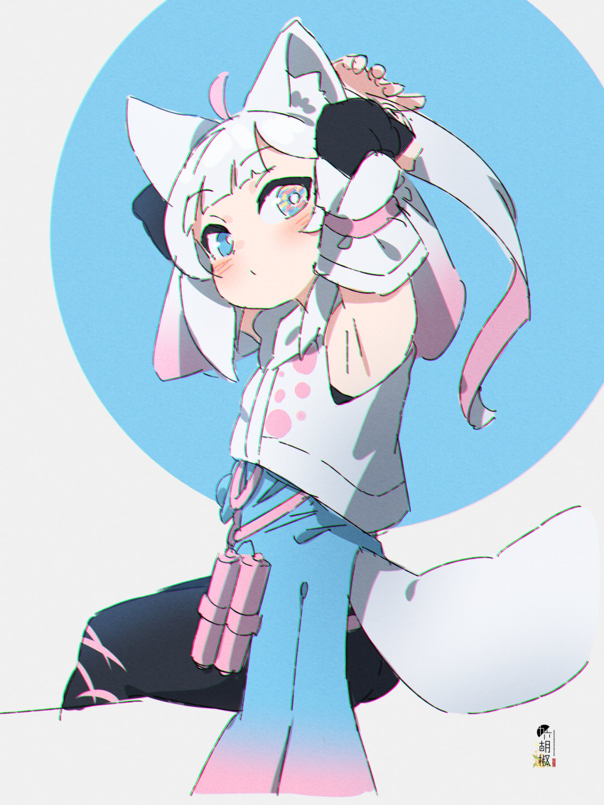 1girl absurdres ahoge animal_ear_fluff animal_ears armpits arms_behind_head arms_up bangs bare_shoulders black_pants blue_background blue_eyes blush bridal_gauntlets closed_mouth commentary_request detached_sleeves from_behind gradient_hair grey_background grey_hair highres indie_virtual_youtuber kemoyama_ginko kuro_kosyou long_hair looking_at_viewer looking_back multicolored_hair pants pink_hair ponytail short_sleeves sitting solo tail two-tone_background tying_hair virtual_youtuber white_sleeves