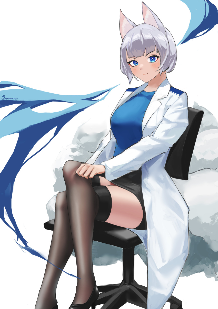 1girl absurdres alternate_costume animal_ears azur_lane black_footwear black_skirt black_thighhighs blue_eyes blue_sweater breasts chair coat doctor foot_out_of_frame high_heels highres kaga_(azur_lane) kitsune labcoat large_breasts large_tail looking_at_viewer miniskirt multiple_tails nocturnal_melonpan office_chair open_clothes open_coat over-kneehighs pencil_skirt shoes short_hair simple_background sitting skirt solo sweater tail thigh-highs white_background white_coat white_hair white_tail zettai_ryouiki