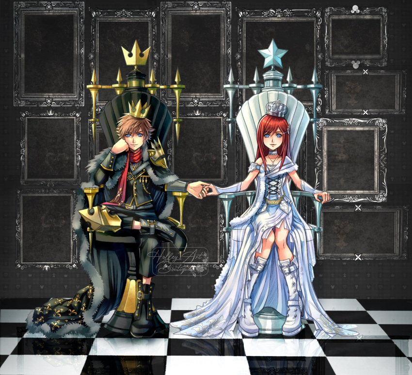 1boy 1girl alternate_costume black_footwear blue_eyes boots bracer brown_hair cape crown dress formal fur_trim highres holding_hands hollypolllyy kairi_(kingdom_hearts) kingdom_hearts knee_boots long_hair looking_at_viewer mini_crown redhead scarf sitting smile sora_(kingdom_hearts) spiky_hair white_dress white_footwear