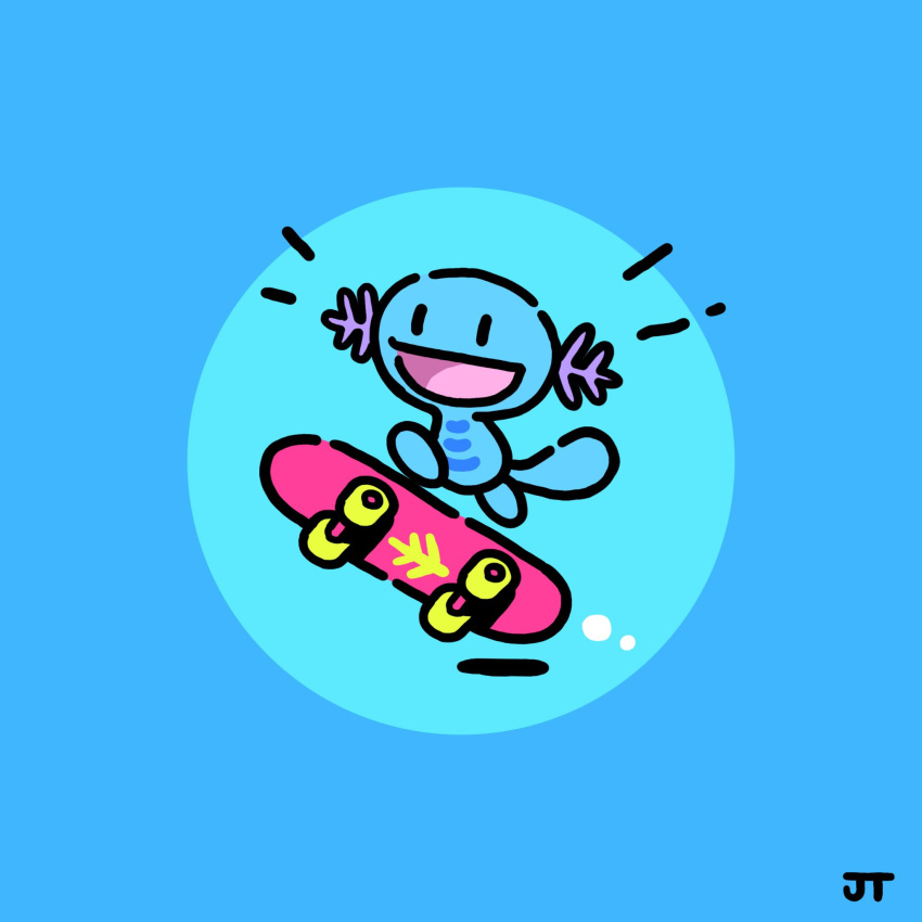 :d black_eyes commentary full_body happy highres james_turner no_humans open_mouth pokemon pokemon_(creature) signature skateboard smile solid_oval_eyes solo tongue wooper