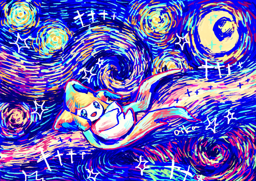 1other absurdres artist_name blue_background blue_eyes colored_skin colorful commentary_request crescent_moon fine_art_parody floating from_side full_body happy highres jirachi moon night open_mouth other_focus otonoha_aika outdoors parody pokemon pokemon_(creature) signature smile solo star_(sky) star_(symbol) starry_night white_skin