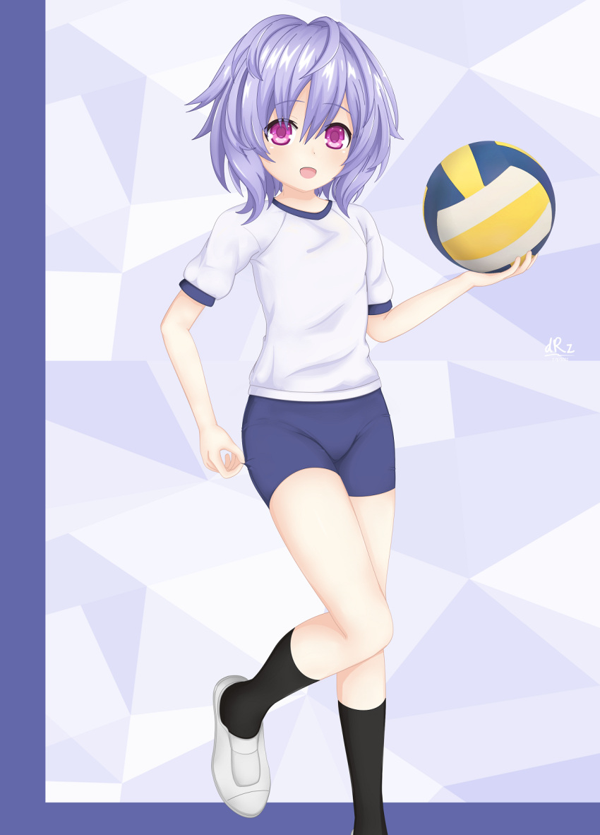 1girl bangs blush braid breasts buruma dhiparizky gym_uniform hair_ornament highres kami_jigen_game_neptune_v long_hair medium_breasts neptune_(series) open_mouth pink_eyes purple_hair pururut solo standing standing_on_one_leg volleyball