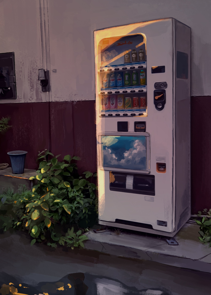 absurdres can highres hoshiringo0902 no_humans original outdoors plant sidewalk soda_can vending_machine