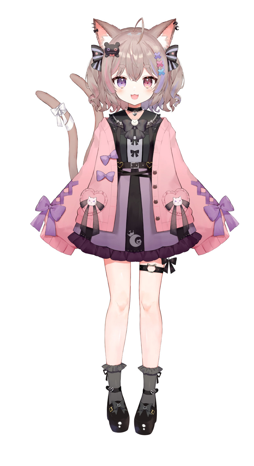 1girl absurdres ahoge animal_ears arms_at_sides black_choker black_footwear brown_hair cardigan cat_ears cat_girl cat_tail choker dress full_body grey_socks heterochromia highres indie_virtual_youtuber long_sleeves looking_at_viewer medium_hair multicolored_hair multiple_tails nekomiya_ayume open_cardigan open_clothes open_mouth pink_hair purple_hair red_eyes second-party_source shoes simple_background sleeves_past_fingers sleeves_past_wrists solo tail thigh_strap toufu_mentaru_zabuton violet_eyes virtual_youtuber white_background