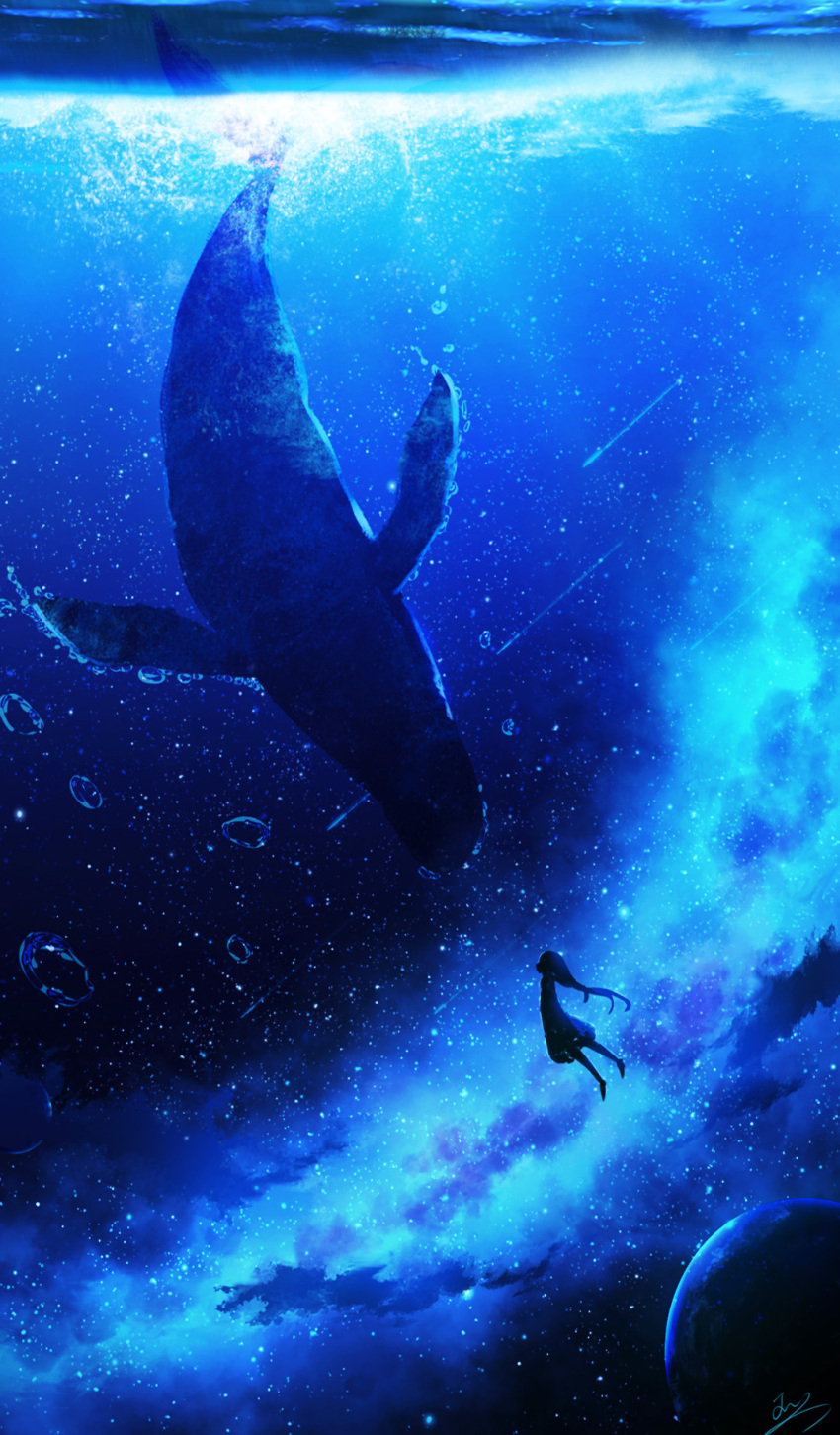 1girl animal bubble dark dress flying_whale highres long_dress long_hair looking_at_another night night_sky original planet scenery sky skyrick9413 space star_(sky) starry_sky water whale