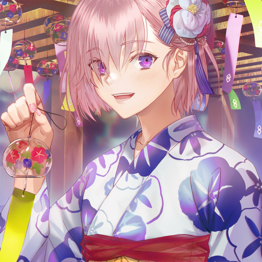 1girl bangs blush commentary_request eyes_visible_through_hair fate/grand_order fate_(series) fingernails floral_print flower hair_flower hair_ornament hair_over_one_eye highres holding japanese_clothes kimono light_purple_hair lips looking_at_viewer mash_kyrielight obi open_mouth panmijin99 pink_lips pink_nails sash short_hair smile solo teeth upper_body violet_eyes white_flower wind_chime yukata