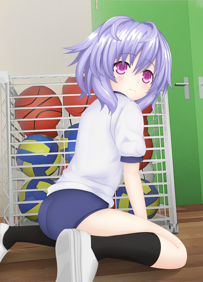 1girl bangs blush braid breasts buruma dhiparizky gym_uniform hair_ornament highres kami_jigen_game_neptune_v kneeling long_hair medium_breasts neptune_(series) open_mouth pink_eyes purple_hair pururut solo