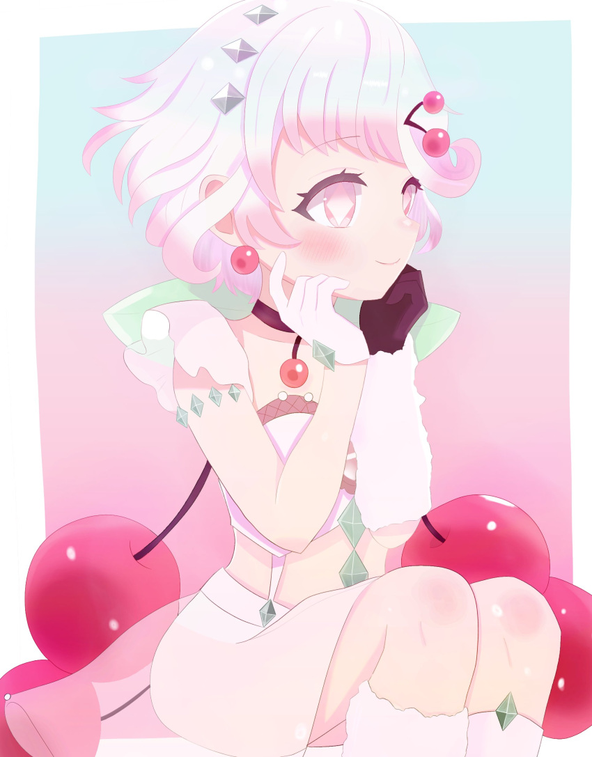 +_+ 1girl absurdres arm_warmers asymmetrical_legwear cherry cherry_hair_ornament crystal food food-themed_hair_ornament fruit fruit_hair_ornament gloves hair_ornament hairclip hands_on_own_chin highres magical_girl mahou_shoujo_ikusei_keikaku mahou_shoujo_ikusei_keikaku_jokers midriff multicolored_hair navel prism_cherry see-through_clothes short_hair single_arm_warmer smile solo tiara uneven_legwear white_arm_warmers white_hair