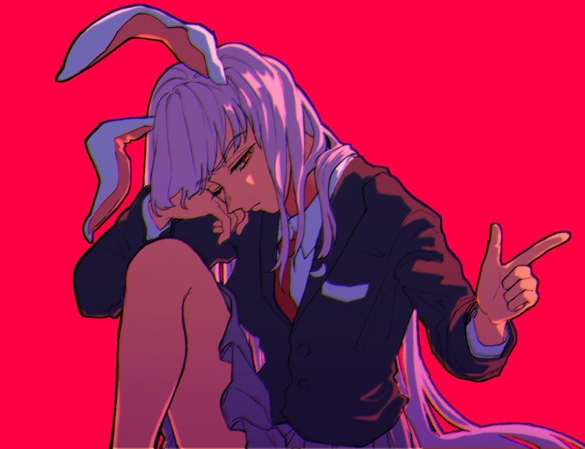 1girl @_@ animal_ears bangs blazer chromatic_aberration closed_mouth collared_shirt crescent crescent_pin finger_gun formal hand_on_own_cheek hand_on_own_face jacket knee_up lapel_pin lapels long_hair long_sleeves me_ri0815 necktie notched_lapels one_eye_closed pleated_skirt purple_hair rabbit_ears red_background red_necktie reisen_udongein_inaba shirt simple_background sitting skirt suit touhou