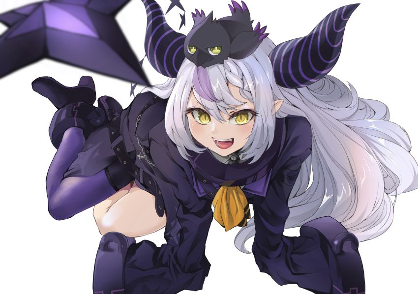 1girl :d absurdres animal bangs belt bird blush boots collar crow crow_(la+_darknesss) fangs grey_hair high_heels highres hololive horns la+_darknesss long_hair looking_at_viewer pointy_ears purple_hair purple_legwear single_thighhigh sleeves_past_wrists slit_pupils smile solo tail teeth thigh-highs torn_flipper transparent_background very_long_hair virtual_youtuber