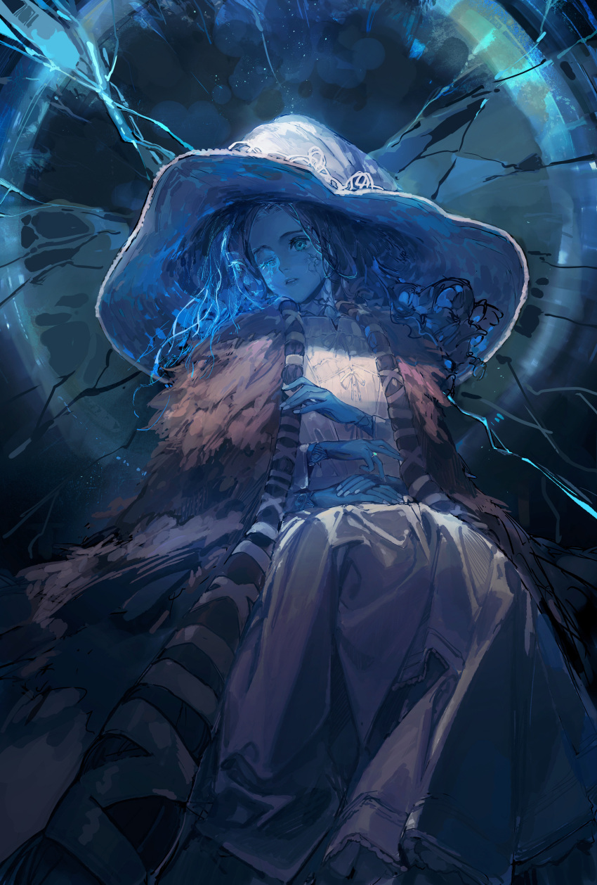 1girl absurdres blue_eyes blue_hair blue_lips blue_skin blue_theme ciloranko cloak colored_skin cracked_skin dress elden_ring extra_arms extra_faces forehead fur_cloak glowing hands_on_lap hat highres jewelry looking_away medium_hair one_eye_closed ranni_the_witch ring shattered sitting solo wavy_hair white_dress white_headwear white_nails wide_sleeves witch_hat