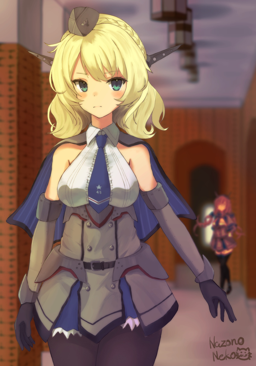 2girls absurdres black_gloves black_legwear blonde_hair blue_bow blue_eyes blue_necktie blurry blurry_background bow braid breasts capelet colorado_(kancolle) dress elbow_gloves garrison_cap gloves grey_capelet grey_dress grey_gloves grey_headwear hair_bow hat headgear highres kantai_collection light_brown_hair long_hair low_twintails maryland_(kancolle) medium_breasts multiple_girls nazono_neko necktie pantyhose pleated_dress shirt short_hair side_braids sleeveless sleeveless_shirt solo_focus standing thigh-highs twintails white_shirt