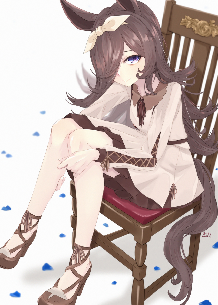 1girl alakoala animal_ears blush brown_footwear brown_hair chair closed_mouth dated dress frilled_dress frills hair_over_one_eye highres horse_ears horse_girl horse_tail long_hair long_sleeves rice_shower_(umamusume) signature simple_background sitting smile solo tail umamusume violet_eyes white_background white_dress